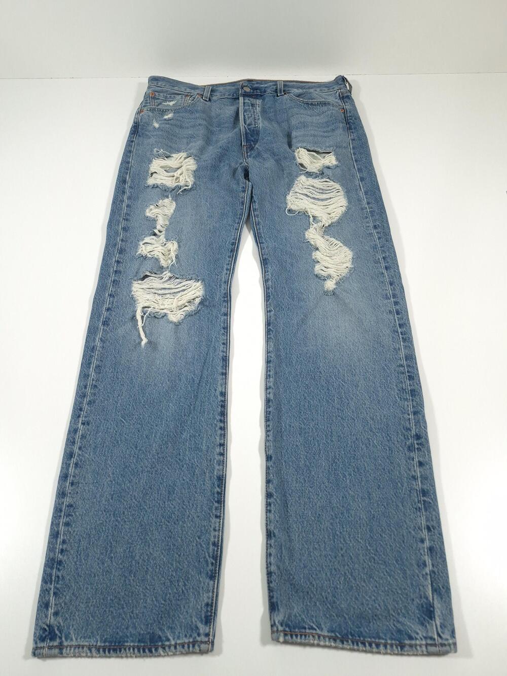 Levis 501 Original Jeans Mens 36x34 Blue Medium Wash Distressed Denim Button Fly